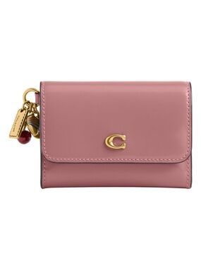 Coach Peony Pink Leather Essential Flap Card Case Wallet with Charm - New